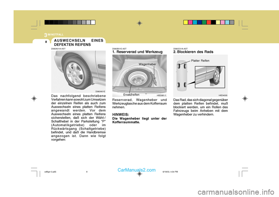 Hyundai Elantra 2004  Betriebsanleitung (in German) 3IM NOTFALL
8AUSWECHSELN EINES DEFEKTEN REIFENS
Reserverad, Wagenheber und Werkzeugtasche aus dem Kofferraumnehmen. HINWEIS: Die Wagenheber liegt unter der Kofferraummatte.
D060B01E-AST 1. Reserverad 