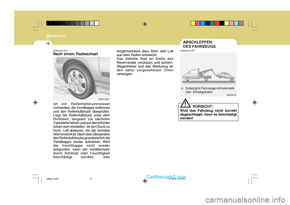 Hyundai Elantra 2004  Betriebsanleitung (in German) 3IM NOTFALL
12ABSCHLEPPEN DES FAHRZEUGS
D080A01A-GST
VORSICHT:
Wird das Fahrzeug nicht korrekt abgeschleppt, kann es beschädigtwerden! o Zulässig für Fahrzeuge mit Automatik
oder Schaltgetriebe D08