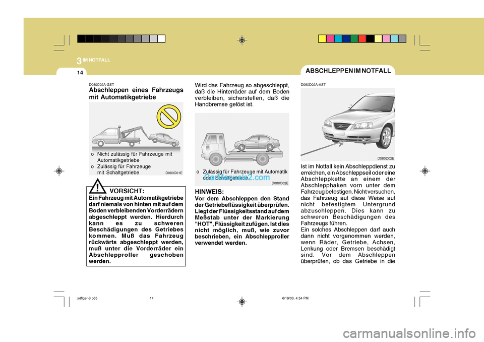 Hyundai Elantra 2004 Betriebsanleitung (in German) 3IM NOTFALL
14ABSCHLEPPEN IM NOTFALL
Wird das Fahrzeug so abgeschleppt, daß die Hinterräder auf dem Bodenverbleiben, sicherstellen, daß die Handbremse gelöst ist.
o Zulässig für Fahrzeuge mit Au Hyundai Elantra 2004 Betriebsanleitung (in German) 3IM NOTFALL
14ABSCHLEPPEN IM NOTFALL
Wird das Fahrzeug so abgeschleppt, daß die Hinterräder auf dem Bodenverbleiben, sicherstellen, daß die Handbremse gelöst ist.
o Zulässig für Fahrzeuge mit Au
