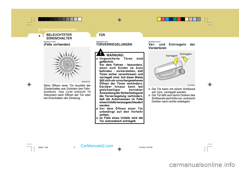 Hyundai Elantra 2004  Betriebsanleitung (in German) 1EIGENSCHAFTEN DES HYUNDAI
8TÜRBELEUCHTETER ZÜNDSCHALTER
B040B01A-AST Ver- und Entriegeln der Vordertüren 
o Die Tür kann mit einem Schlüssel
ent- bzw. verriegelt werden.
o Die Tür läßt sich d