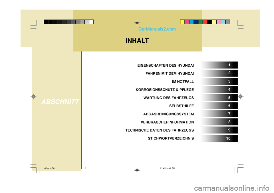 Hyundai Elantra 2004  Betriebsanleitung (in German) EIGENSCHAFTEN DES HYUNDAIFAHREN MIT DEM HYUNDAI IM NOTFALL
KORROSIONSSCHUTZ & PFLEGE WARTUNG DES FAHRZEUGS SELBSTHILFE
ABGASREINIGUNGSSYSTEM
VERBRAUCHERINFORMATION
TECHNISCHE DATEN DES FAHRZEUGS
STICH