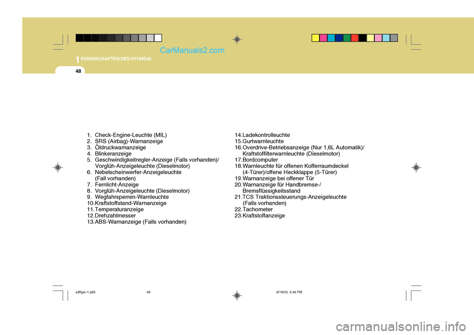 Hyundai Elantra 2004  Betriebsanleitung (in German) 1EIGENSCHAFTEN DES HYUNDAI
48
1. Check-Engine-Leuchte (MIL) 
2. SRS (Airbag)-Warnanzeige 
3. Öldruckwarnanzeige
4. Blinkeranzeige 
5. Geschwindigkeitregler-Anzeige (Falls vorhanden)/Vorglüh-Anzeigel
