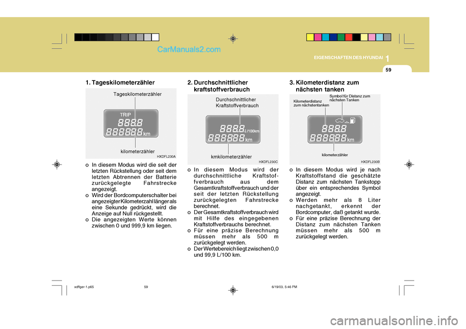 Hyundai Elantra 2004  Betriebsanleitung (in German) 1
EIGENSCHAFTEN DES HYUNDAI
59
HXDFL230BHXDFL230CHXDFL230A Symbol für Distanz zum nächsten Tanken
1. Tageskilometerzähler
2. Durchschnittlicher
kraftstoffverbrauch
o In diesem Modus wird der durchs