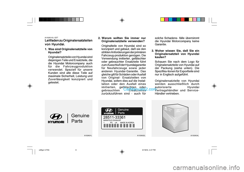 Hyundai Elantra 2004  Betriebsanleitung (in German) A100A010L-GST Leitfaden zu Originalersatzteilen von Hyundai. 
1. Was sind Originalersatzteile vonHyundai? Originalersatzteile von Hyundai sind diejenigen Teile und Ersatzteile, diedie Hyundai Motorcom