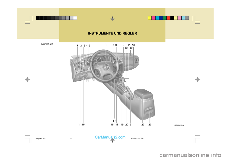 Hyundai Elantra 2004  Betriebsanleitung (in German) INSTRUMENTE UND REGLER
B250A03E-GAT 1234
5 6
78
9
10 11
12 13
14 15 16 17
18 19 20 21 22 23 HXDFL002-G
xdflger-0.P65 6/19/03, 4:47 PM
10   