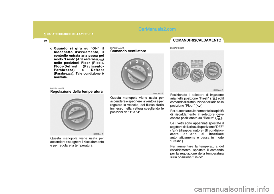 Hyundai Elantra 2004  Manuale del proprietario (in Italian) 1CARATTERISTICHE DELLA VETTURA
92
B670A01E
B670E01E
B690A01E
COMANDI RISCALDAMENTO
B670E01A-ATT Regolazione della temperatura Questa manopola viene usata per accendere e spegnere il riscaldamento e pe