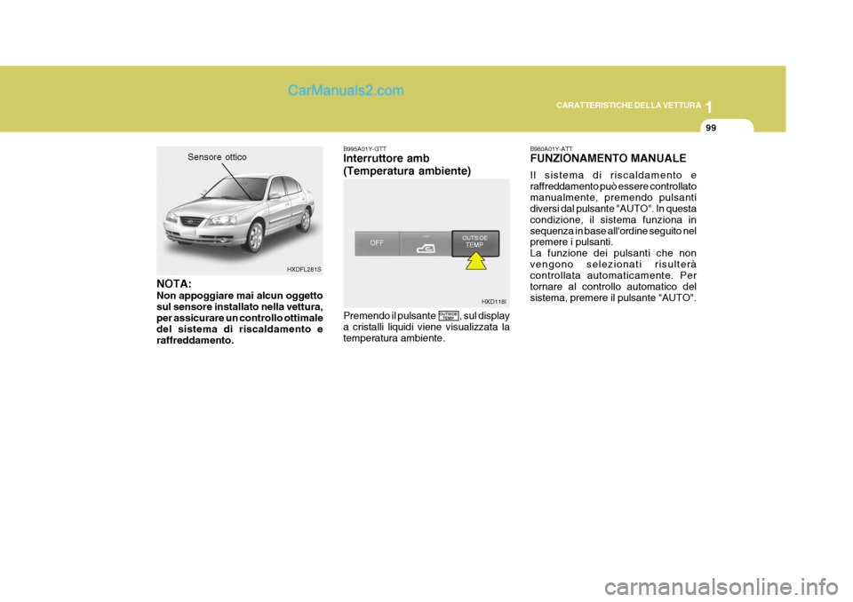 Hyundai Elantra 2004 Manuale del proprietario (in Italian) 1
CARATTERISTICHE DELLA VETTURA
99
Sensore ottico
HXDFL281S
NOTA: Non appoggiare mai alcun oggetto sul sensore installato nella vettura,per assicurare un controllo ottimale del sistema di riscaldament Hyundai Elantra 2004 Manuale del proprietario (in Italian) 1
CARATTERISTICHE DELLA VETTURA
99
Sensore ottico
HXDFL281S
NOTA: Non appoggiare mai alcun oggetto sul sensore installato nella vettura,per assicurare un controllo ottimale del sistema di riscaldament