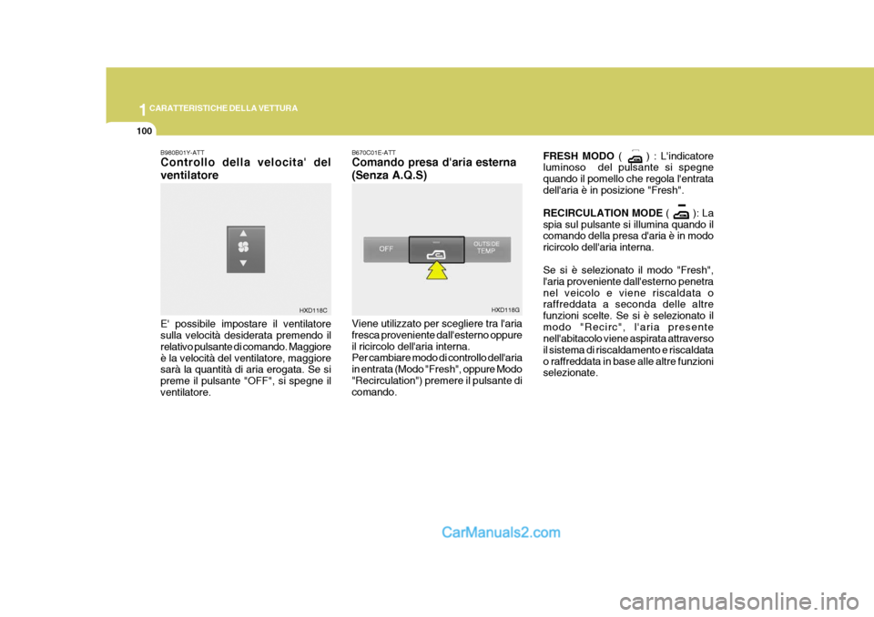Hyundai Elantra 2004 Manuale del proprietario (in Italian) 1CARATTERISTICHE DELLA VETTURA
100
B980B01Y-ATT Controllo della velocita del ventilatore E possibile impostare il ventilatore sulla velocità desiderata premendo il relativo pulsante di comando. Mag Hyundai Elantra 2004 Manuale del proprietario (in Italian) 1CARATTERISTICHE DELLA VETTURA
100
B980B01Y-ATT Controllo della velocita del ventilatore E possibile impostare il ventilatore sulla velocità desiderata premendo il relativo pulsante di comando. Mag