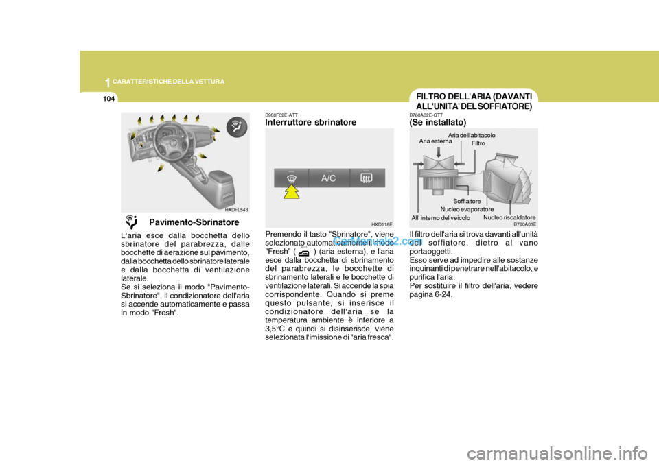 Hyundai Elantra 2004 Manuale del proprietario (in Italian) 1CARATTERISTICHE DELLA VETTURA
104
B980F02E-ATT Interruttore sbrinatore Premendo il tasto "Sbrinatore", viene selezionato automaticamente il modo "Fresh" ( ) (aria esterna), e lariaesce dalla b Hyundai Elantra 2004 Manuale del proprietario (in Italian) 1CARATTERISTICHE DELLA VETTURA
104
B980F02E-ATT Interruttore sbrinatore Premendo il tasto "Sbrinatore", viene selezionato automaticamente il modo "Fresh" ( ) (aria esterna), e lariaesce dalla b