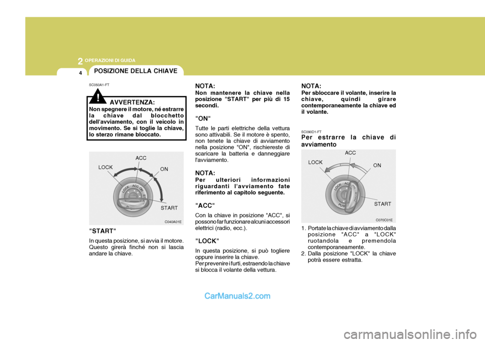 Hyundai Elantra 2004 Manuale del proprietario (in Italian) 2 OPERAZIONI DI GUIDA
4POSIZIONE DELLA CHIAVE
NOTA: Non mantenere la chiave nella posizione "START" per più di 15 secondi. "ON" Tutte le parti elettriche della vettura sono attivabili. Se il motore à Hyundai Elantra 2004 Manuale del proprietario (in Italian) 2 OPERAZIONI DI GUIDA
4POSIZIONE DELLA CHIAVE
NOTA: Non mantenere la chiave nella posizione "START" per più di 15 secondi. "ON" Tutte le parti elettriche della vettura sono attivabili. Se il motore Ã