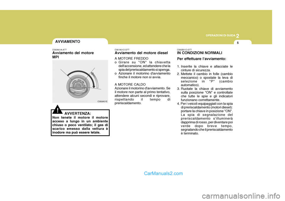Hyundai Elantra 2004 Manuale del proprietario (in Italian) 2
OPERAZIONI DI GUIDA
5
C050A01A-ATT Avviamento del motore MPI
AVVERTENZA:
Non tenete il motore il motore acceso a lungo in un ambiente chiuso o poco ventilato; il gas di scarico emesso dalla vettura Hyundai Elantra 2004 Manuale del proprietario (in Italian) 2
OPERAZIONI DI GUIDA
5
C050A01A-ATT Avviamento del motore MPI
AVVERTENZA:
Non tenete il motore il motore acceso a lungo in un ambiente chiuso o poco ventilato; il gas di scarico emesso dalla vettura