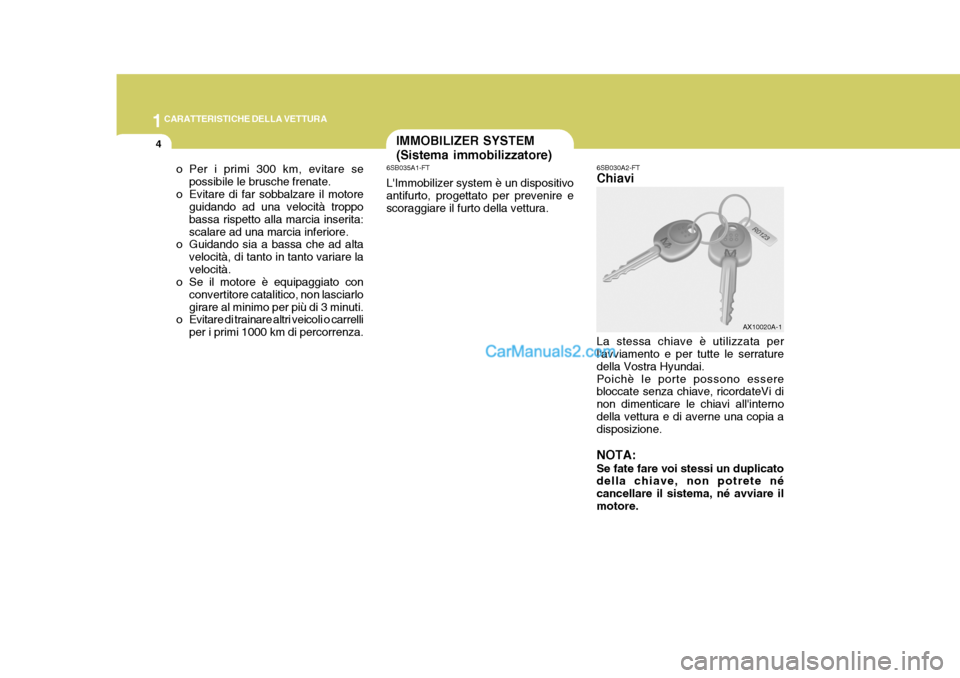 Hyundai Elantra 2004  Manuale del proprietario (in Italian) 1CARATTERISTICHE DELLA VETTURA
4
o Per i primi 300 km, evitare se
possibile le brusche frenate.
o Evitare di far sobbalzare il motore guidando ad una velocità troppo bassa rispetto alla marcia inseri
