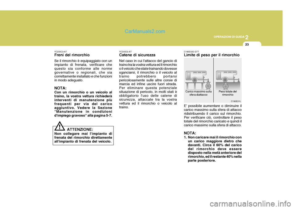 Hyundai Elantra 2004 Manuale del proprietario (in Italian) 2
OPERAZIONI DI GUIDA
23
YC200C3-AT Freni del rimorchio Se il rimorchio è equipaggiato con un impianto di frenata, verificare chequesto sia conforme alle norme governative o regionali, che sia corret Hyundai Elantra 2004 Manuale del proprietario (in Italian) 2
OPERAZIONI DI GUIDA
23
YC200C3-AT Freni del rimorchio Se il rimorchio è equipaggiato con un impianto di frenata, verificare chequesto sia conforme alle norme governative o regionali, che sia corret