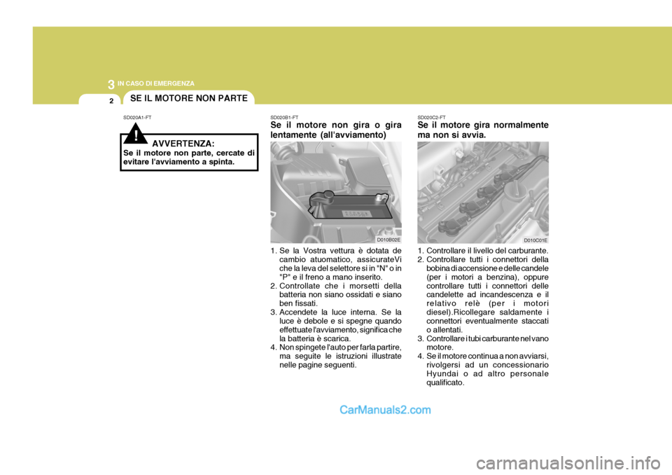 Hyundai Elantra 2004 Manuale del proprietario (in Italian) 3 IN CASO DI EMERGENZA
2SE IL MOTORE NON PARTE
SD020A1-FT SD020B1-FT
Se il motore non gira o gira lentamente (allavviamento)
1. Se la Vostra vettura è dotata de cambio atuomatico, assicurateVi che l Hyundai Elantra 2004 Manuale del proprietario (in Italian) 3 IN CASO DI EMERGENZA
2SE IL MOTORE NON PARTE
SD020A1-FT SD020B1-FT
Se il motore non gira o gira lentamente (allavviamento)
1. Se la Vostra vettura è dotata de cambio atuomatico, assicurateVi che l