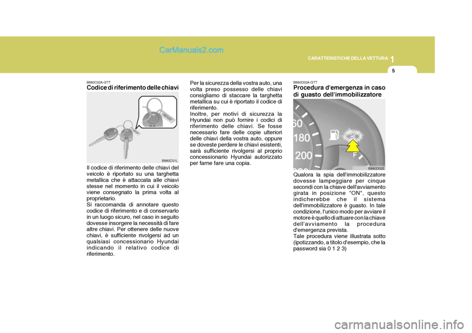 Hyundai Elantra 2004  Manuale del proprietario (in Italian) 1
CARATTERISTICHE DELLA VETTURA
5
B880C02A-GTT Codice di riferimento delle chiavi Il codice di riferimento delle chiavi del veicolo è riportato su una targhetta metallica che è attaccata alle chiavi