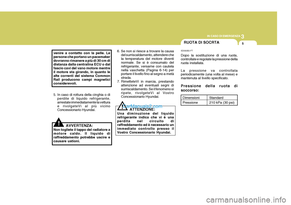 Hyundai Elantra 2004  Manuale del proprietario (in Italian) 3
IN CASO DI EMERGENZA
5
AVVERTENZA:
Non togliete il tappo del radiatore a motore caldo. Il liquido di raffreddamento potrebbe uscire ecausare ustioni.
venire a contatto con la pelle. Lepersone che po