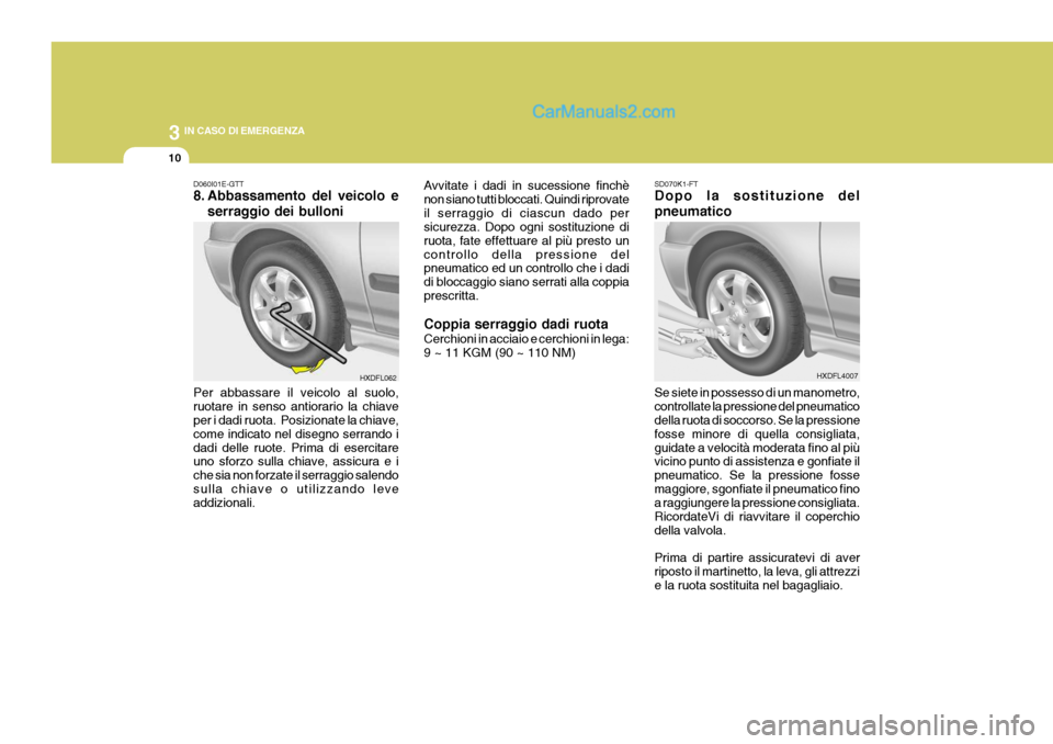 Hyundai Elantra 2004  Manuale del proprietario (in Italian) 3 IN CASO DI EMERGENZA
10
SD070K1-FT Dopo la sostituzione del pneumatico Se siete in possesso di un manometro, controllate la pressione del pneumatico della ruota di soccorso. Se la pressione fosse mi