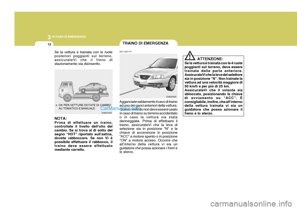 Hyundai Elantra 2004  Manuale del proprietario (in Italian) 3 IN CASO DI EMERGENZA
12TRAINO DI EMERGENZA
SD110A1-FT
Agganciate saldamente il cavo di traino ad uno dei ganci anteriori della vettura. Questo metodo non deve essere usatoin caso di traino su terren