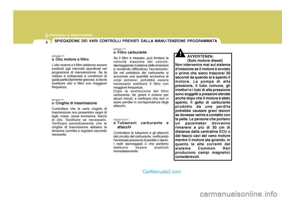 Hyundai Elantra 2004  Manuale del proprietario (in Italian) 5OPERAZIONI DI MANUTENZIONE
8SPIEGAZIONE DEI VARI CONTROLLI PREVISTI DALLA MANU-TENZIONE PROGRAMMATA
6ZF060M1-FT 
o Olio motore e filtro Lolio motore e il filtro debbono essere sostituiti agli interv