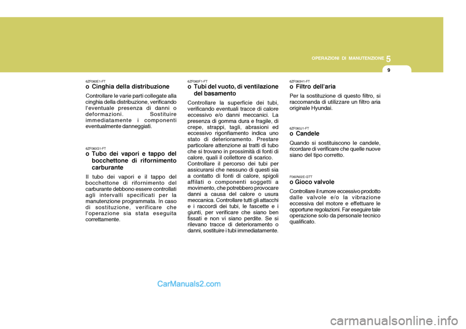 Hyundai Elantra 2004  Manuale del proprietario (in Italian) 5
OPERAZIONI DI MANUTENZIONE
9
6ZF060H1-FT 
o Filtro dellaria Per la sostituzione di questo filtro, si raccomanda di utilizzare un filtro aria originale Hyundai. 6ZF060J1-FT 
o Candele Quando si sost