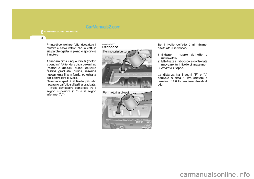 Hyundai Elantra 2004  Manuale del proprietario (in Italian) 6 MANUTENZIONE "FAI-DA-TE"
8
HXDFL009 G030D01E Se il livello dellolio è al minimo, effettuate il rabbocco:
1. Svitate il tappo dellolio e rimuovetelo.
2. Effettuate il rabbocco e controllate
nuovam
