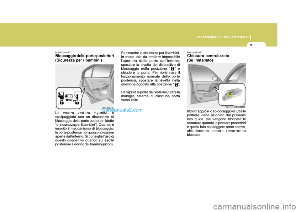 Hyundai Elantra 2004  Manuale del proprietario (in Italian) 1
CARATTERISTICHE DELLA VETTURA
9
B040E03A-ATT Bloccaggio delle porte posteriori (Sicurezza per i bambini)
La vostra vettura Hyundai è equipaggiata con un dispositivo di bloccaggio delle porte poster