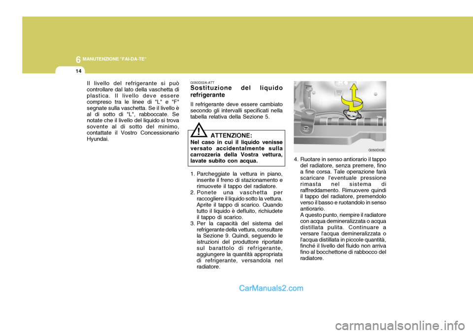 Hyundai Elantra 2004 Manuale del proprietario (in Italian) 6 MANUTENZIONE "FAI-DA-TE"
14
4. Ruotare in senso antiorario il tappodel radiatore, senza premere, fino a fine corsa. Tale operazione farà scaricare leventuale pressione rimasta nel sistema diraffre Hyundai Elantra 2004 Manuale del proprietario (in Italian) 6 MANUTENZIONE "FAI-DA-TE"
14
4. Ruotare in senso antiorario il tappodel radiatore, senza premere, fino a fine corsa. Tale operazione farà scaricare leventuale pressione rimasta nel sistema diraffre
