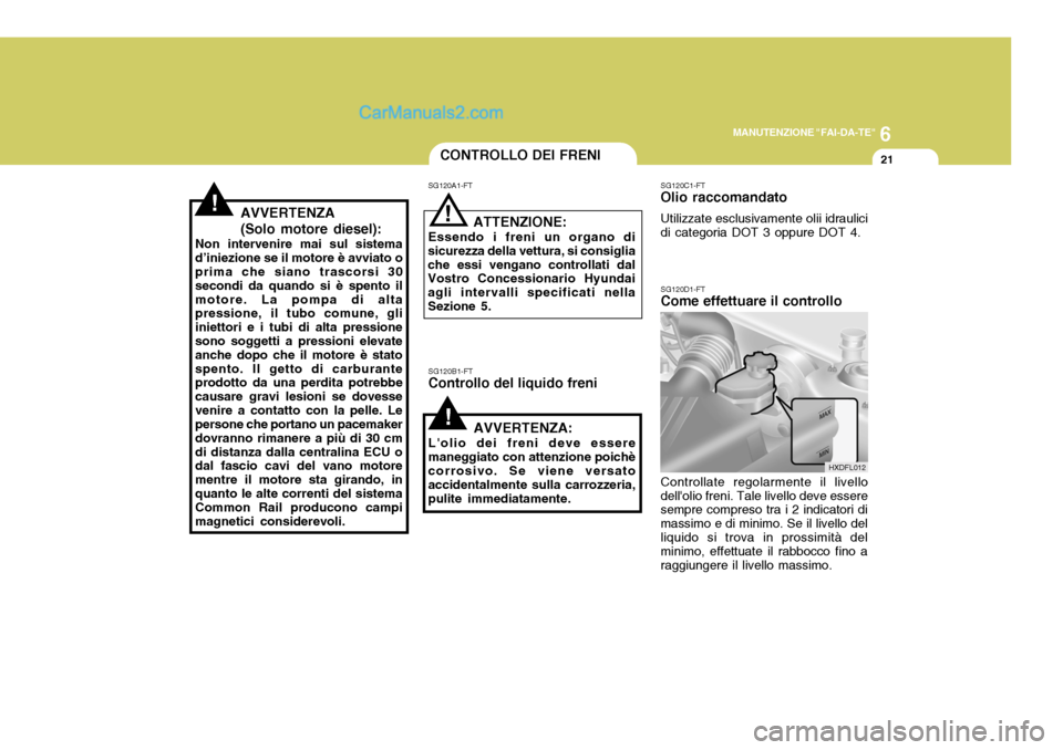 Hyundai Elantra 2004 Manuale del proprietario (in Italian) 6
MANUTENZIONE "FAI-DA-TE"
21CONTROLLO DEI FRENI
SG120A1-FT
SG120B1-FT
Controllo del liquido freni
!
! ATTENZIONE:
Essendo i freni un organo di
sicurezza della vettura, si consiglia che essi vengano c Hyundai Elantra 2004 Manuale del proprietario (in Italian) 6
MANUTENZIONE "FAI-DA-TE"
21CONTROLLO DEI FRENI
SG120A1-FT
SG120B1-FT
Controllo del liquido freni
!
! ATTENZIONE:
Essendo i freni un organo di
sicurezza della vettura, si consiglia che essi vengano c