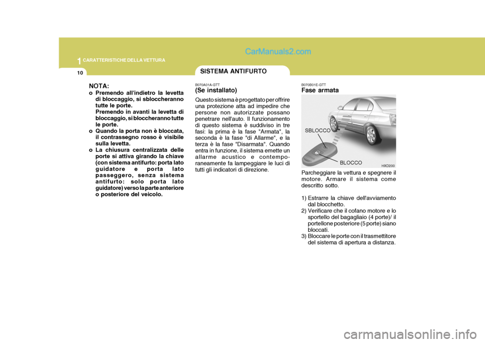 Hyundai Elantra 2004 Manuale del proprietario (in Italian) 1CARATTERISTICHE DELLA VETTURA
10
B070B01E-GTT Fase armata Parcheggiare la vettura e spegnere il motore. Armare il sistema come descritto sotto.
1) Estrarre la chiave dellavviamento
dal blocchetto.
Hyundai Elantra 2004 Manuale del proprietario (in Italian) 1CARATTERISTICHE DELLA VETTURA
10
B070B01E-GTT Fase armata Parcheggiare la vettura e spegnere il motore. Armare il sistema come descritto sotto.
1) Estrarre la chiave dellavviamento
dal blocchetto.