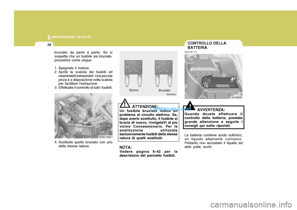 Hyundai Elantra 2004 Manuale del proprietario (in Italian) 6 MANUTENZIONE "FAI-DA-TE"
28CONTROLLO DELLA BATTERIA
SG210A1-FT
!AVVERTENZA:
Quando dovete effettuare il controllo della batteria, prestate grande attenzione e seguite iconsigli qui sotto riportati. Hyundai Elantra 2004 Manuale del proprietario (in Italian) 6 MANUTENZIONE "FAI-DA-TE"
28CONTROLLO DELLA BATTERIA
SG210A1-FT
!AVVERTENZA:
Quando dovete effettuare il controllo della batteria, prestate grande attenzione e seguite iconsigli qui sotto riportati.
