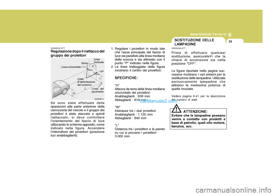 Hyundai Elantra 2004 Manuale del proprietario (in Italian) 6
MANUTENZIONE "FAI-DA-TE"
33
Linea del pavimento
G290B03E-GTT
Regolazione dopo il riattacco del gruppo dei proiettori
G290B01LLW
H
H Linea di delimitazionedel contorno
Se sono state effettuate delle Hyundai Elantra 2004 Manuale del proprietario (in Italian) 6
MANUTENZIONE "FAI-DA-TE"
33
Linea del pavimento
G290B03E-GTT
Regolazione dopo il riattacco del gruppo dei proiettori
G290B01LLW
H
H Linea di delimitazionedel contorno
Se sono state effettuate delle