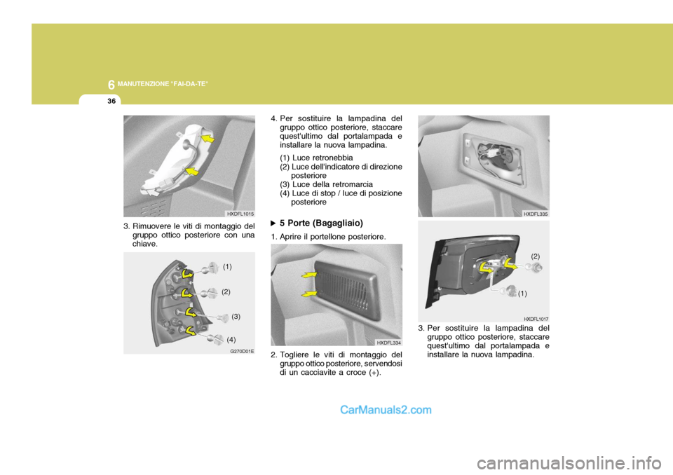 Hyundai Elantra 2004  Manuale del proprietario (in Italian) 6 MANUTENZIONE "FAI-DA-TE"
36
4. Per sostituire la lampadina del
gruppo ottico posteriore, staccare questultimo dal portalampada e installare la nuova lampadina. (1) Luce retronebbia (2) Luce dellin