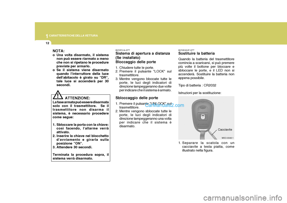 Hyundai Elantra 2004 Manuale del proprietario (in Italian) 1CARATTERISTICHE DELLA VETTURA
12
B070E02HP-GTT Sostituire la batteria Quando la batteria del trasmettitore comincia a scaricarsi, si può premerepiù volte il bottone per bloccare e sbloccare le port Hyundai Elantra 2004 Manuale del proprietario (in Italian) 1CARATTERISTICHE DELLA VETTURA
12
B070E02HP-GTT Sostituire la batteria Quando la batteria del trasmettitore comincia a scaricarsi, si può premerepiù volte il bottone per bloccare e sbloccare le port