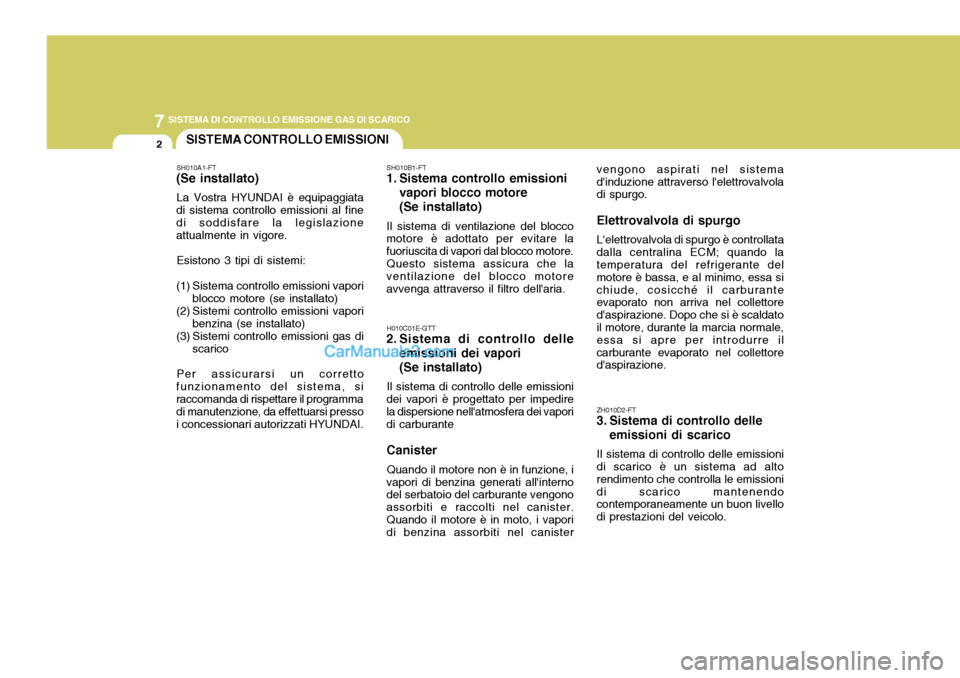 Hyundai Elantra 2004  Manuale del proprietario (in Italian) 7SISTEMA DI CONTROLLO EMISSIONE GAS DI SCARICO
2SISTEMA CONTROLLO EMISSIONI
SH010A1-FT
(Se installato)
La Vostra HYUNDAI è equipaggiata
di sistema controllo emissioni al fine di soddisfare la legisla