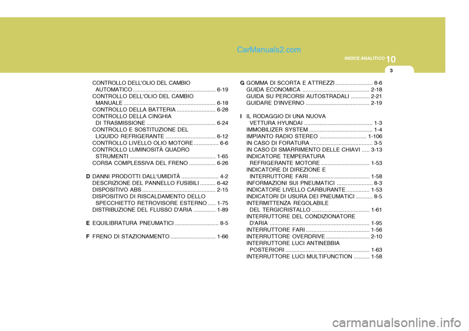 Hyundai Elantra 2004 Manuale del proprietario (in Italian) 10
INDICE ANALITICO
3
CONTROLLO DELLOLIO DEL CAMBIO AUTOMATICO ..................................................... 6-19
CONTROLLO DELLOLIO DEL CAMBIO MANUALE ...................................... Hyundai Elantra 2004 Manuale del proprietario (in Italian) 10
INDICE ANALITICO
3
CONTROLLO DELLOLIO DEL CAMBIO AUTOMATICO ..................................................... 6-19
CONTROLLO DELLOLIO DEL CAMBIO MANUALE ......................................