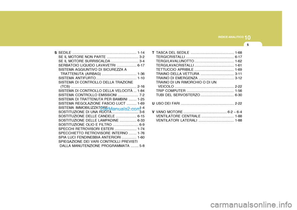 Hyundai Elantra 2004 Manuale del proprietario (in Italian) 10
INDICE ANALITICO
5
S SEDILE ................................................................. 1-14
SE IL MOTORE NON PARTE ................................ 3-2
SE IL MOTORE SURRISCALDA ........... Hyundai Elantra 2004 Manuale del proprietario (in Italian) 10
INDICE ANALITICO
5
S SEDILE ................................................................. 1-14
SE IL MOTORE NON PARTE ................................ 3-2
SE IL MOTORE SURRISCALDA ...........