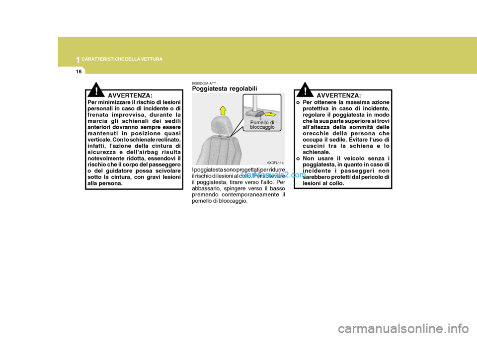 Hyundai Elantra 2004 Manuale del proprietario (in Italian) 1CARATTERISTICHE DELLA VETTURA
16
Pomello di bloccaggio
HXDFL114
AVVERTENZA:
Per minimizzare il rischio di lesioni personali in caso di incidente o di frenata improvvisa, durante lamarcia gli schienal Hyundai Elantra 2004 Manuale del proprietario (in Italian) 1CARATTERISTICHE DELLA VETTURA
16
Pomello di bloccaggio
HXDFL114
AVVERTENZA:
Per minimizzare il rischio di lesioni personali in caso di incidente o di frenata improvvisa, durante lamarcia gli schienal