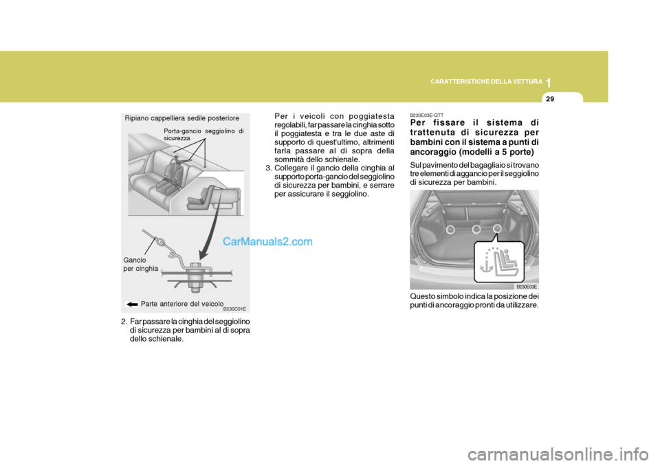 Hyundai Elantra 2004 Manuale del proprietario (in Italian) 1
CARATTERISTICHE DELLA VETTURA
29
B230C01EParte anteriore del veicolo
Gancio per cinghia Porta-gancio seggiolino di sicurezza
Per i veicoli con poggiatesta regolabili, far passare la cinghia sottoil Hyundai Elantra 2004 Manuale del proprietario (in Italian) 1
CARATTERISTICHE DELLA VETTURA
29
B230C01EParte anteriore del veicolo
Gancio per cinghia Porta-gancio seggiolino di sicurezza
Per i veicoli con poggiatesta regolabili, far passare la cinghia sottoil