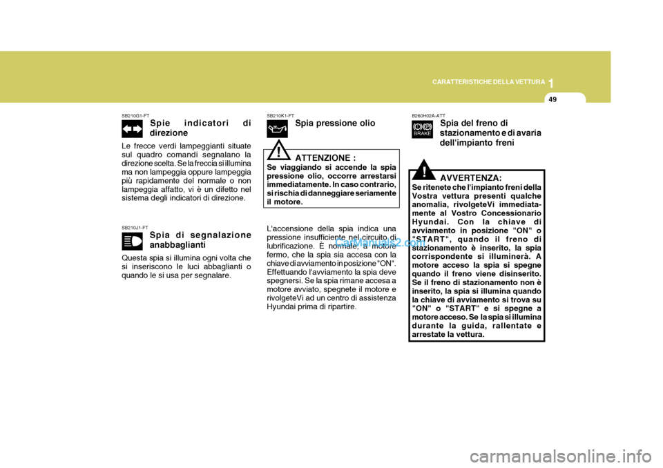 Hyundai Elantra 2004  Manuale del proprietario (in Italian) 1
CARATTERISTICHE DELLA VETTURA
49
SB210G1-FT Spie indicatori di
direzione
Le frecce verdi lampeggianti situate sul quadro comandi segnalano ladirezione scelta. Se la freccia si illumina ma non lampeg