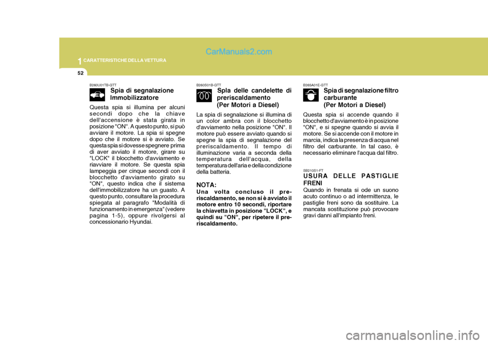 Hyundai Elantra 2004  Manuale del proprietario (in Italian) 1CARATTERISTICHE DELLA VETTURA
52
B260S01B-GTTSpla delle candelette di
preriscaldamento (Per Motori a Diesel)
La spia di segnalazione si illumina di un color ambra con il blocchetto davviamento nella