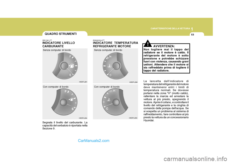 Hyundai Elantra 2004  Manuale del proprietario (in Italian) 1
CARATTERISTICHE DELLA VETTURA
53QUADRO STRUMENTI
SB215A1-FT INDICATORE LIVELLO CARBURANTE Segnala il livello del carburante. La capacità del serbatoio è riportata nella Sezione 9. B290A02A-ATT IND