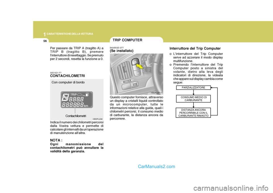 Hyundai Elantra 2004  Manuale del proprietario (in Italian) 1CARATTERISTICHE DELLA VETTURA
56TRIP COMPUTER
SB215D1-FT CONTACHILOMETRI Indica il numero dei chilometri percorsi dalla Vostra vettura e permette dicalcolare gli intervalli da unoperazione di manute