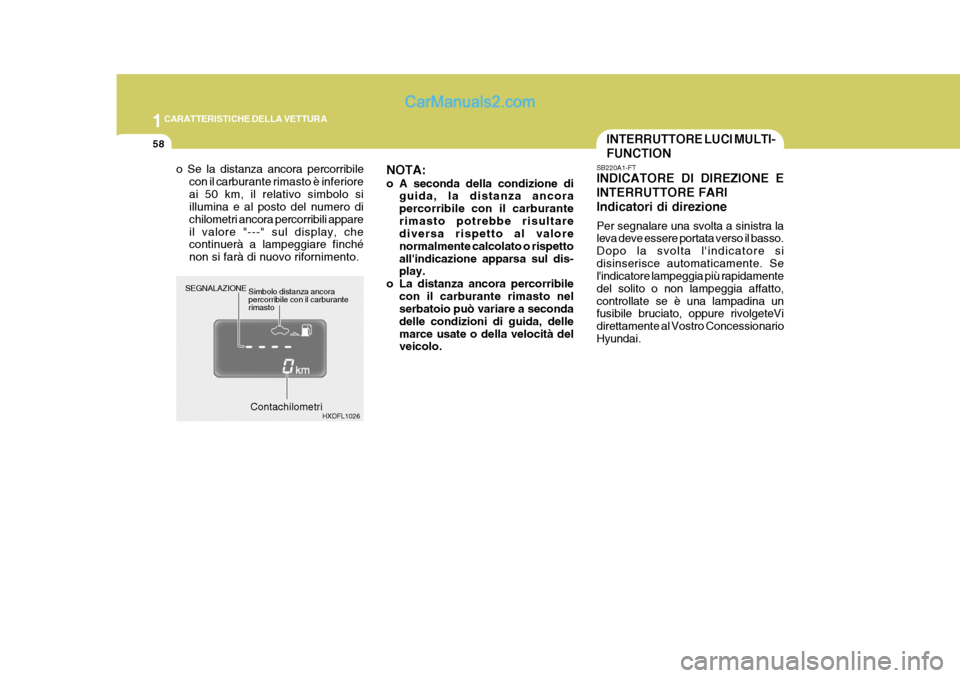 Hyundai Elantra 2004  Manuale del proprietario (in Italian) 1CARATTERISTICHE DELLA VETTURA
58INTERRUTTORE LUCI MULTI- FUNCTION
o Se la distanza ancora percorribile con il carb urante rimasto è inferiore
ai 50 km, il relativo simbolo si illumina e al posto del