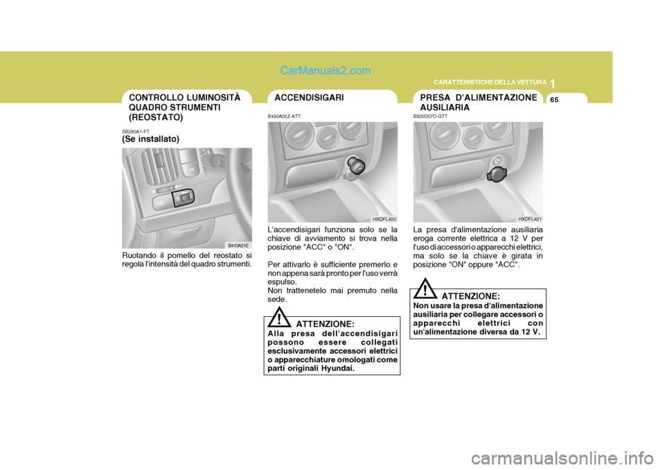Hyundai Elantra 2004 Manuale del proprietario (in Italian) 1
CARATTERISTICHE DELLA VETTURA
65
SB280A1-FT (Se installato) CONTROLLO LUMINOSITÀ QUADRO STRUMENTI(REOSTATO)
B410A01E
Ruotando il pomello del reostato si regola lintensità del quadro strumenti.
PR Hyundai Elantra 2004 Manuale del proprietario (in Italian) 1
CARATTERISTICHE DELLA VETTURA
65
SB280A1-FT (Se installato) CONTROLLO LUMINOSITÀ QUADRO STRUMENTI(REOSTATO)
B410A01E
Ruotando il pomello del reostato si regola lintensità del quadro strumenti.
PR