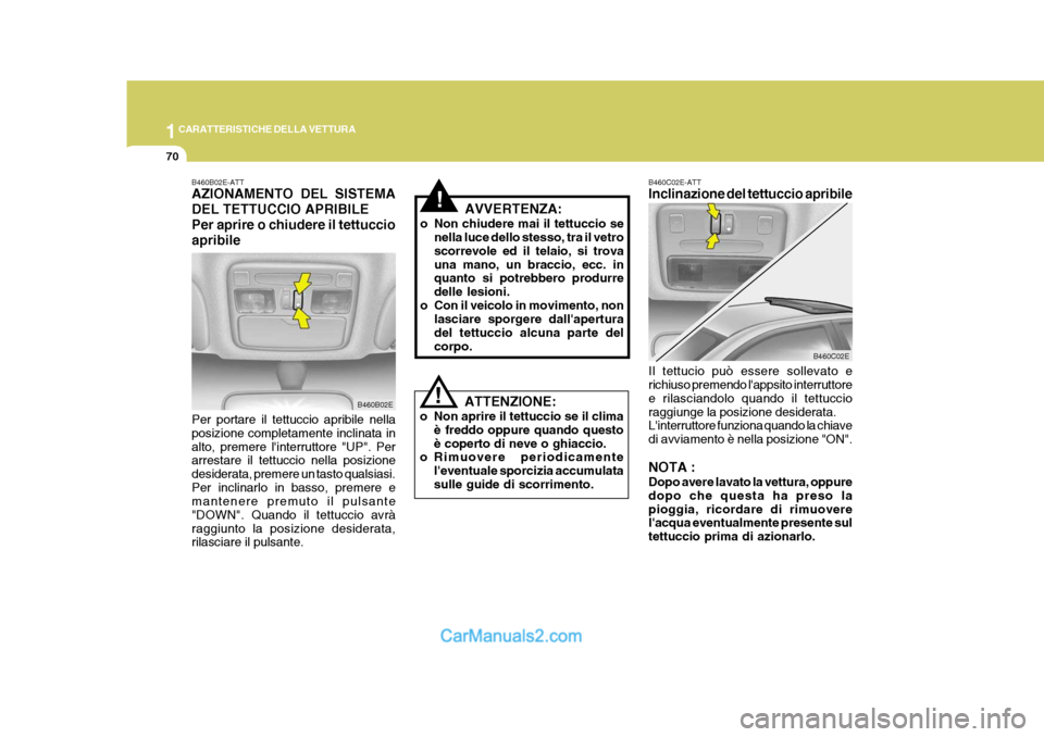 Hyundai Elantra 2004 Manuale del proprietario (in Italian) 1CARATTERISTICHE DELLA VETTURA
70
!
!AVVERTENZA:
o Non chiudere mai il tettuccio se nella luce dello stesso, tra il vetro scorrevole ed il telaio, si trovauna mano, un braccio, ecc. in quanto si potre Hyundai Elantra 2004 Manuale del proprietario (in Italian) 1CARATTERISTICHE DELLA VETTURA
70
!
!AVVERTENZA:
o Non chiudere mai il tettuccio se nella luce dello stesso, tra il vetro scorrevole ed il telaio, si trovauna mano, un braccio, ecc. in quanto si potre