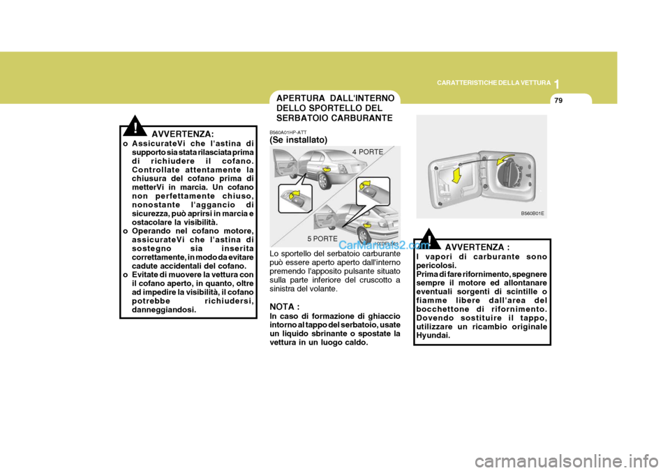 Hyundai Elantra 2004 Manuale del proprietario (in Italian) 1
CARATTERISTICHE DELLA VETTURA
79
AVVERTENZA:
o AssicurateVi che lastina di supporto sia stata rilasciata prima di richiudere il cofano.Controllate attentamente la chiusura del cofano prima di mette Hyundai Elantra 2004 Manuale del proprietario (in Italian) 1
CARATTERISTICHE DELLA VETTURA
79
AVVERTENZA:
o AssicurateVi che lastina di supporto sia stata rilasciata prima di richiudere il cofano.Controllate attentamente la chiusura del cofano prima di mette
