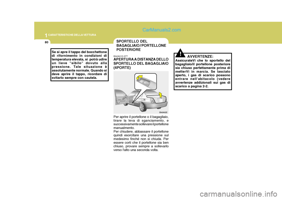 Hyundai Elantra 2004 Manuale del proprietario (in Italian) 1CARATTERISTICHE DELLA VETTURA
80SPORTELLO DEL BAGAGLIAIO / PORTELLONEPOSTERIORE
B540A01E-GTT APERTURA A DISTANZA DELLO SPORTELLO DEL BAGAGLIAIO (4PORTE)
Per aprire il portellone o il bagagliaio, tira Hyundai Elantra 2004 Manuale del proprietario (in Italian) 1CARATTERISTICHE DELLA VETTURA
80SPORTELLO DEL BAGAGLIAIO / PORTELLONEPOSTERIORE
B540A01E-GTT APERTURA A DISTANZA DELLO SPORTELLO DEL BAGAGLIAIO (4PORTE)
Per aprire il portellone o il bagagliaio, tira