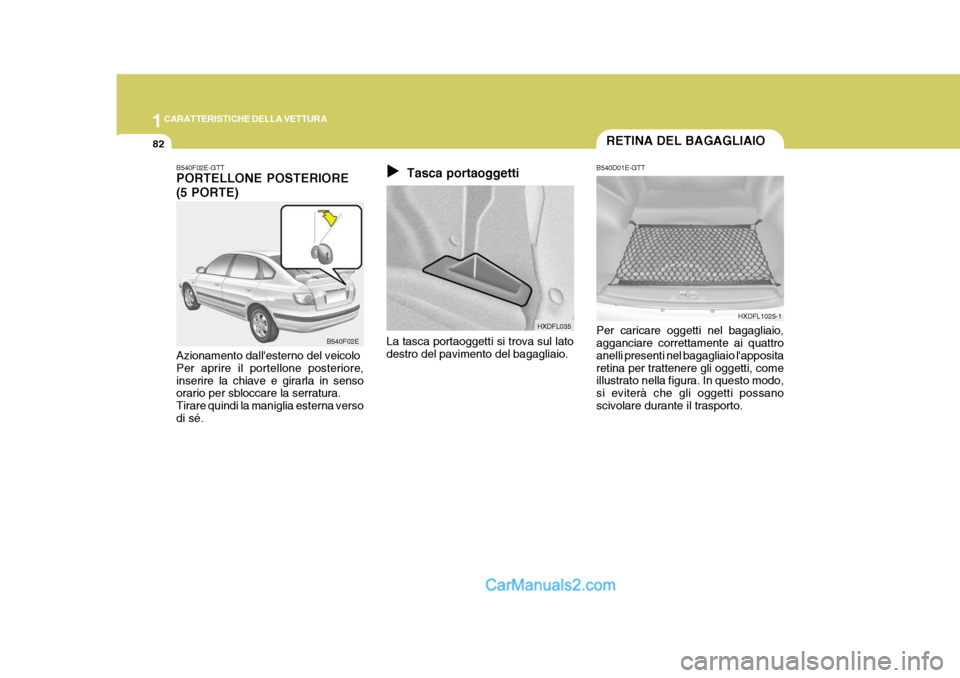 Hyundai Elantra 2004 Manuale del proprietario (in Italian) 1CARATTERISTICHE DELLA VETTURA
82
HXDFL1025-1
B540D01E-GTT Per caricare oggetti nel bagagliaio, agganciare correttamente ai quattro anelli presenti nel bagagliaio lappositaretina per trattenere gli o Hyundai Elantra 2004 Manuale del proprietario (in Italian) 1CARATTERISTICHE DELLA VETTURA
82
HXDFL1025-1
B540D01E-GTT Per caricare oggetti nel bagagliaio, agganciare correttamente ai quattro anelli presenti nel bagagliaio lappositaretina per trattenere gli o