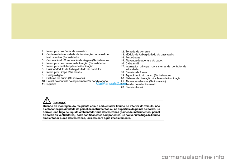 Hyundai Elantra 2004 Manual do proprietário (in Portuguese) CUIDADO:
Quando da montagem do recipiente com o ambientador líquido no interior do veículo, não o colocar na proximidade do painel de instrumentos ou na superfície do painel de bordo. Se houver um Hyundai Elantra 2004 Manual do proprietário (in Portuguese) CUIDADO:
Quando da montagem do recipiente com o ambientador líquido no interior do veículo, não o colocar na proximidade do painel de instrumentos ou na superfície do painel de bordo. Se houver um