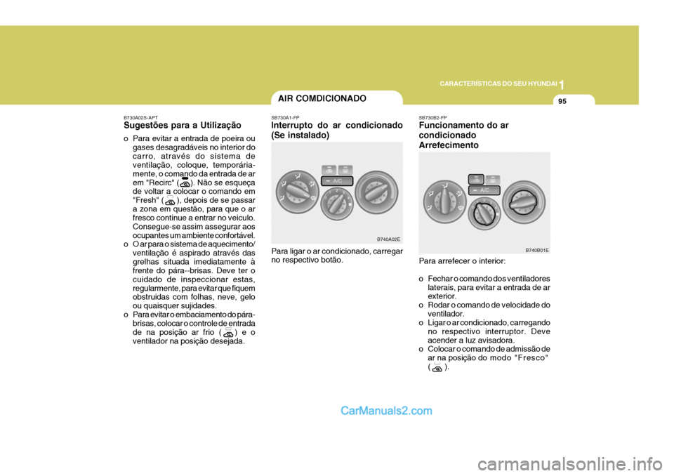 Hyundai Elantra 2004  Manual do proprietário (in Portuguese) 1
CARACTERÍSTICAS DO SEU HYUNDAI
95
B740A02E
B740B01E
B730A02S-APT Sugestões para a Utilização 
o Para evitar a entrada de poeira ougases desagradáveis no interior do carro, através do sistema d